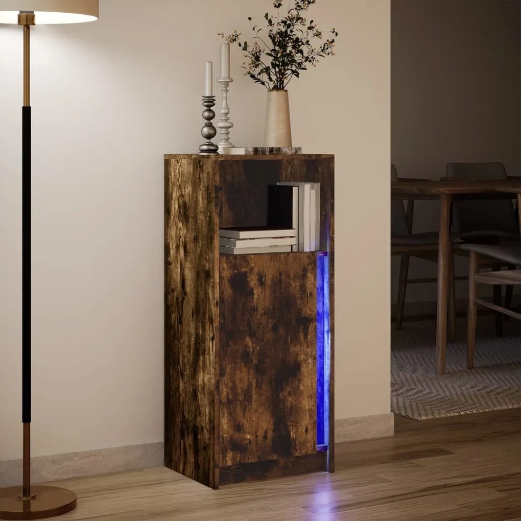 füstös tölgy szerelt fa tálalószekrény LED-del 42,5x34x100 cm