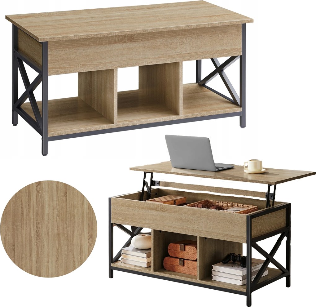 Dohányzóasztal emelhető asztallappal, pad 100x50x62cm nappaliba Sonoma tölgy