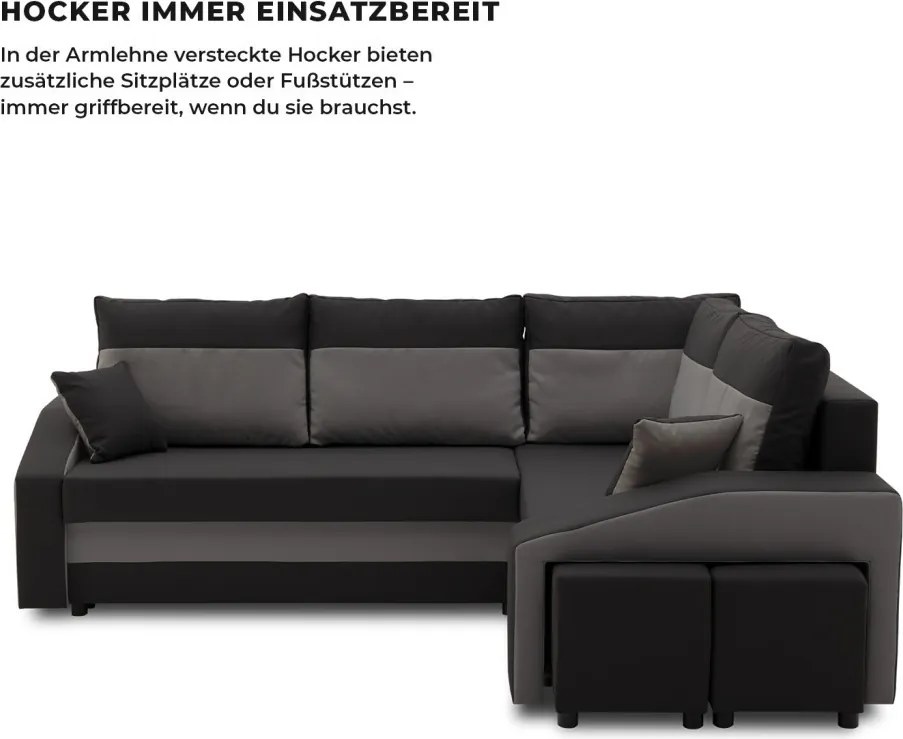 Grande sarokkanapé polcokkal és puffokkal , polc a bal karfaban puffok a jobb karfaban, jobboldali, szövet anyag, bonell töltet, fekete - szürke