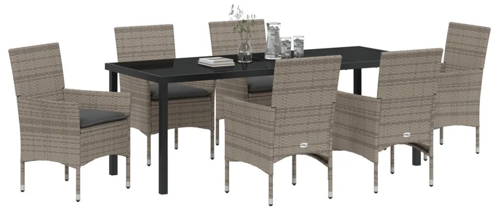 7 Részes Kerti Étkezőszett Párnákkal Szürke Poli Rattan, Kerti Asztal Fekete 200x80x73 cm Edzett Üveg