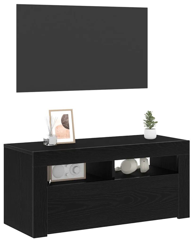 LED-es fekete tölgy TV szekrény 90x35x40 cm szerelt fából