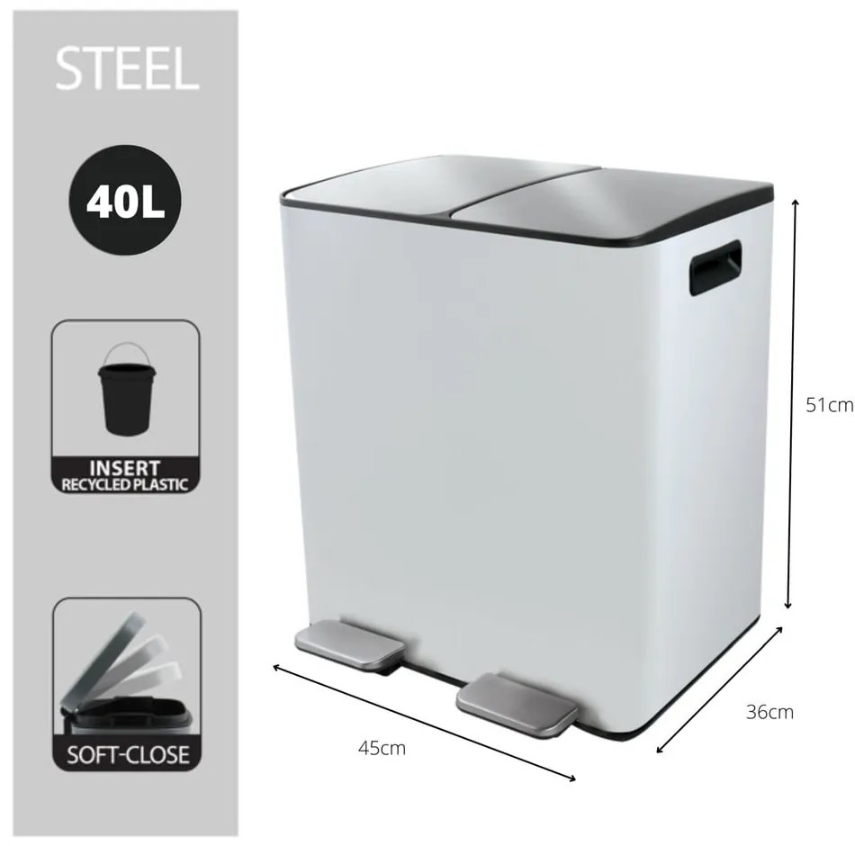 Matt fehér acél szelektív pedálos szemetes 2x20 l Aliya – Spirella