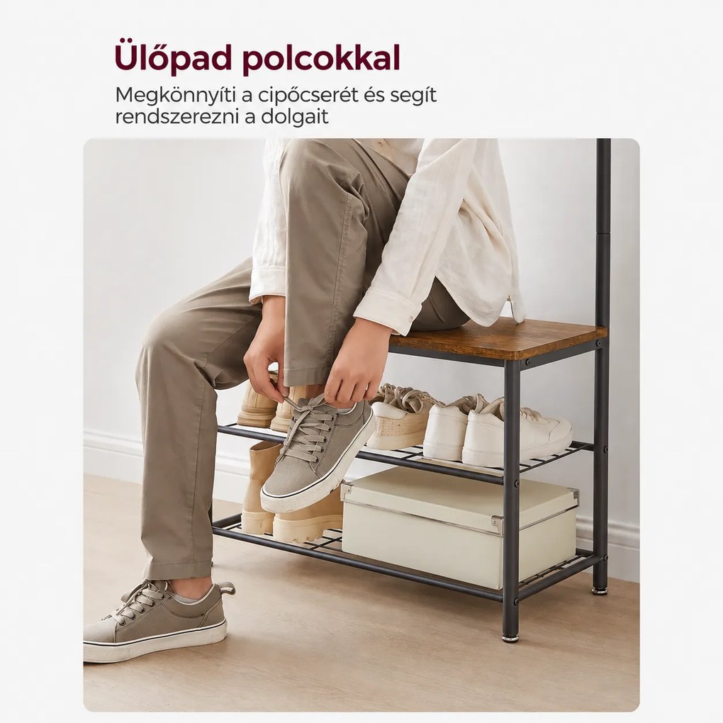 Kabáttartó, ruhafogas cipőtárolóval, rusztikus barna
