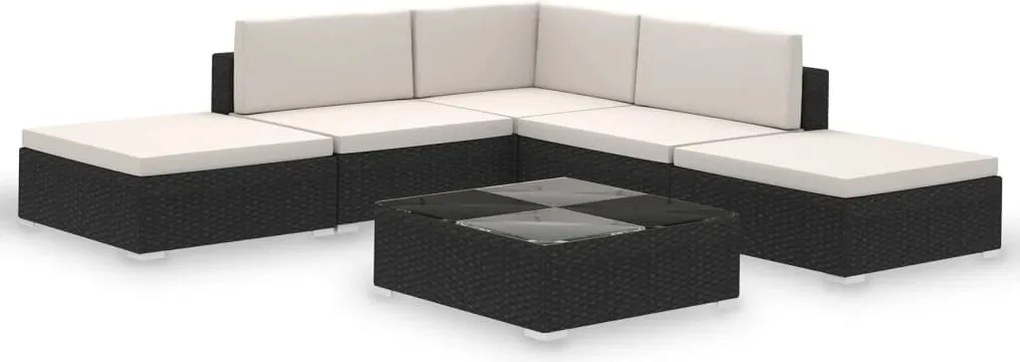 6-részes fekete polyrattan kerti bútorszett párnákkal