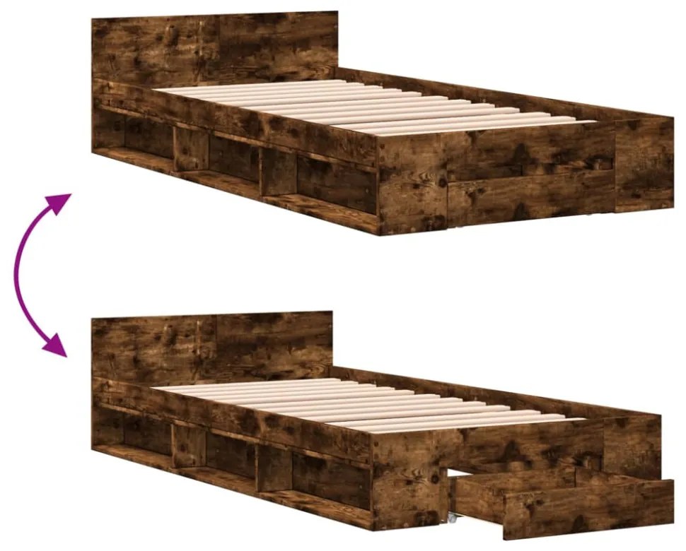 füstös tölgy színű szerelt fa ágykeret fiókkal 90 x 200 cm