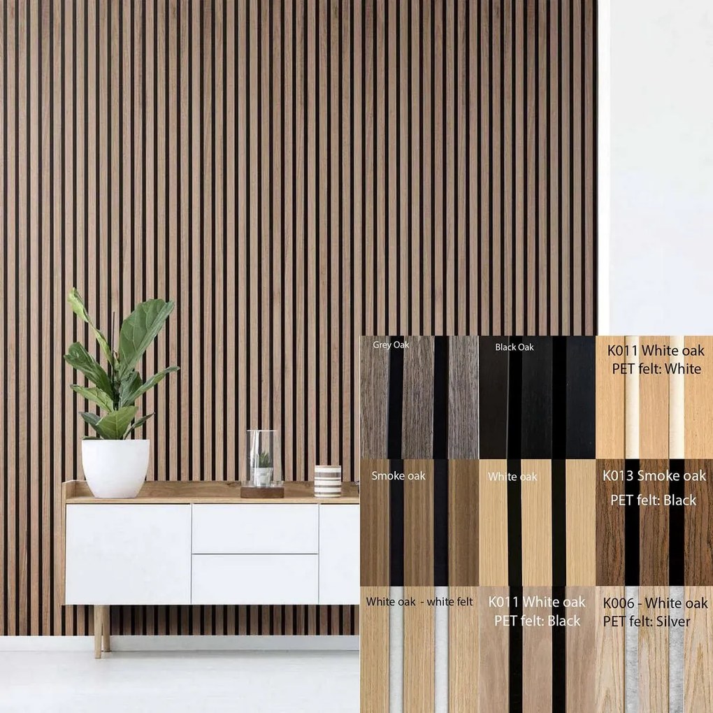 FREJA Hangszigetelő tábla falra 240x60x2,2cm. White Oak- fehér filc hátlappal - Egyedi méretre is levágjuk - Grey Oak fekete filc hátlappal