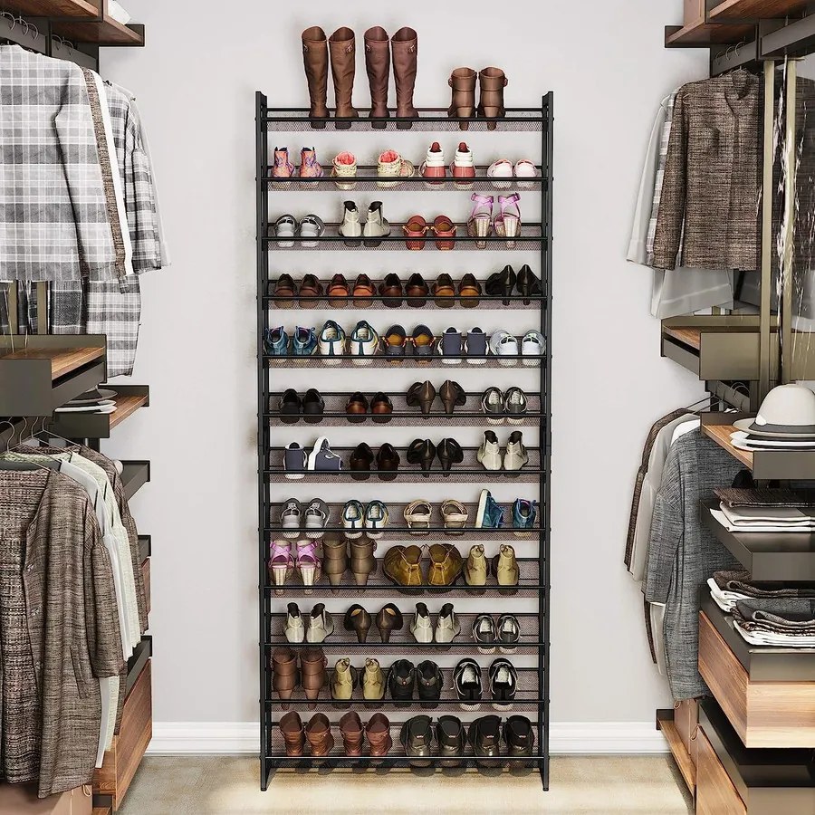 Egymásra rakható 12 szintes cipőtartó, állítható cipőspolc, fekete