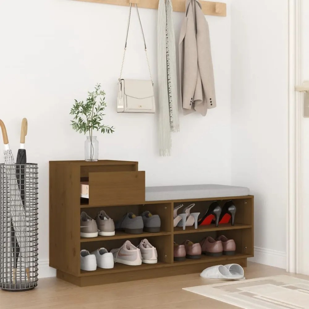 mézbarna tömör fenyőfa cipőszekrény 110 x 34 x 61 cm