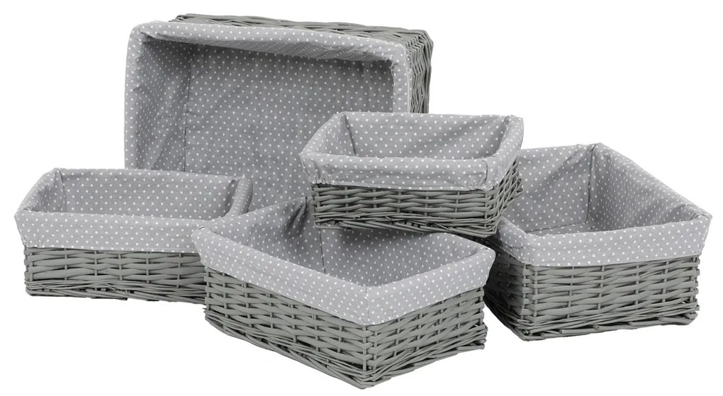 Szürke fonott kosárszett szövettel, 5 db, 5 méretben, 48 x 18 x 37 cm