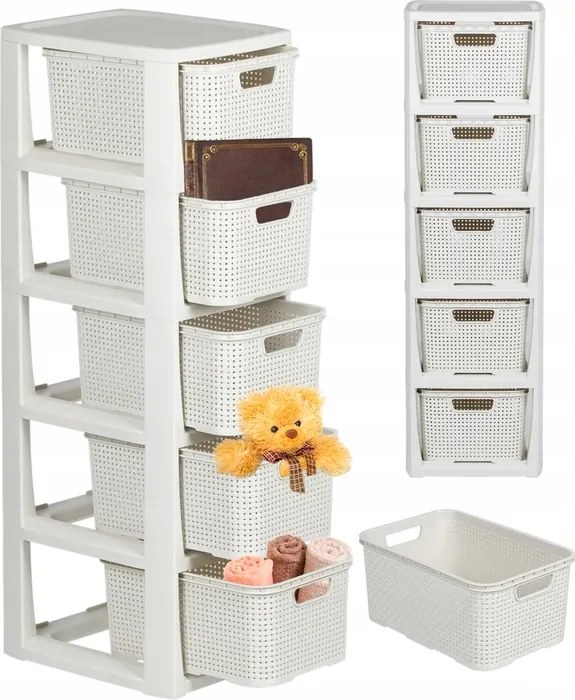 Fürdőszobai Polc Komód Állvány Oszlop Szekrény 5 Kosárral Rattan Fehér Branq