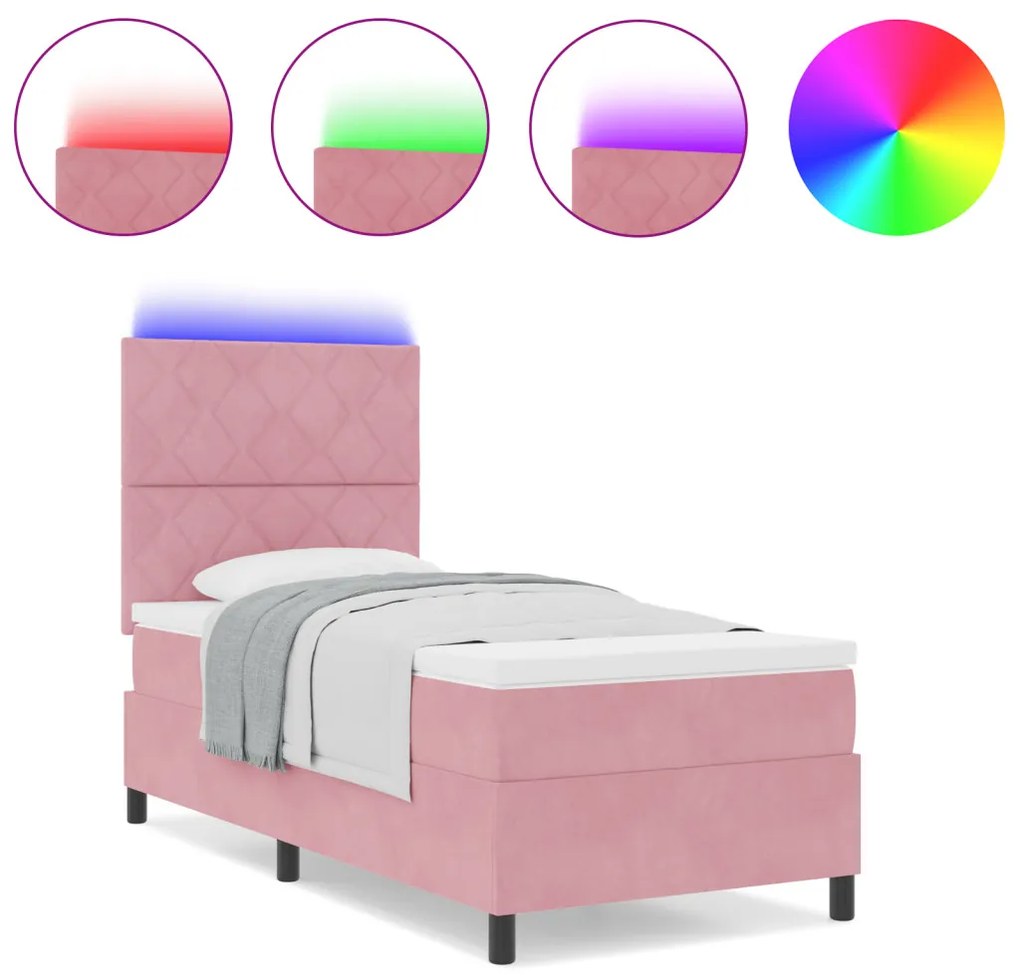 Boxspring Ágy Matraccal és LED Rózsaszín 90x190 cm Bársony
