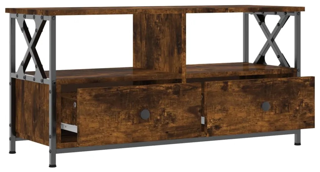 füstös tölgy színű szerelt fa és vas TV-szekrény 90x33x45 cm