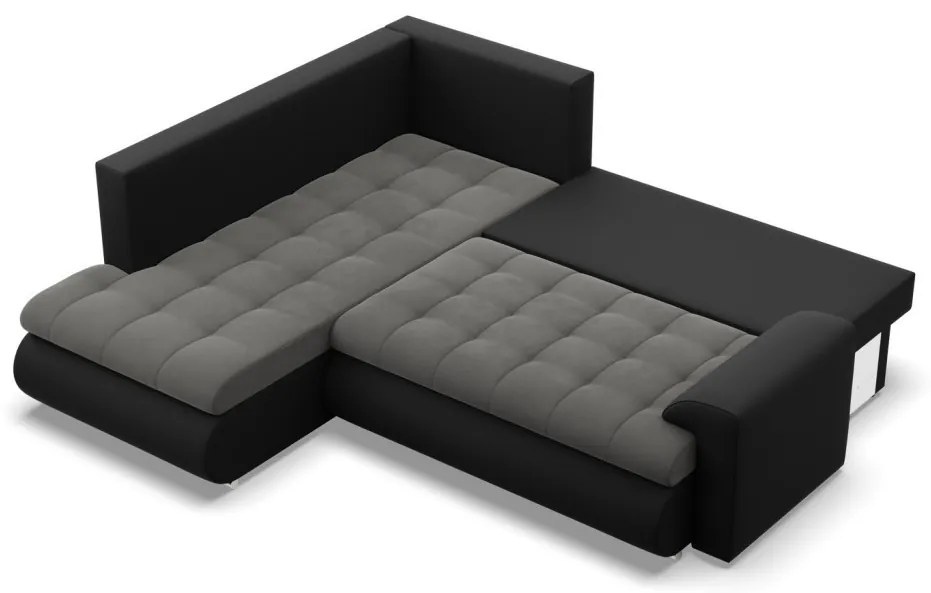 Tokio sarokkanapé, L alakú háttámlával, 2 ágyneműtartóval, bársony + műbőr, baloldali, szürke - fekete