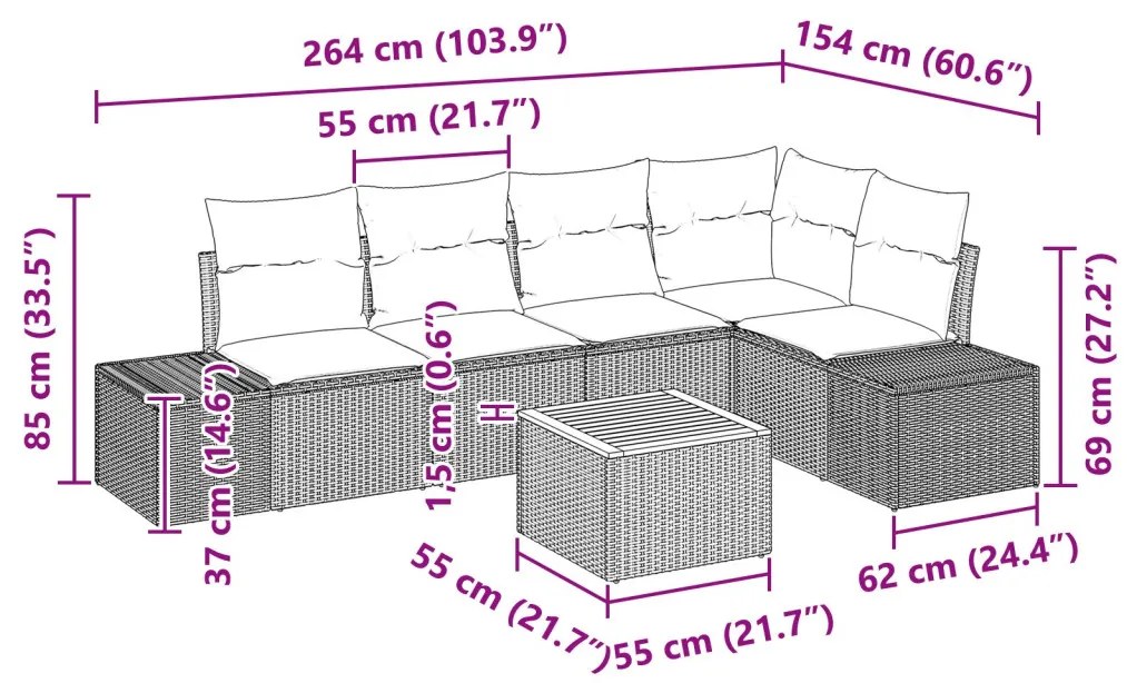6 részes kerti kanapé szett párnákkal fekete poli rattan akácfa