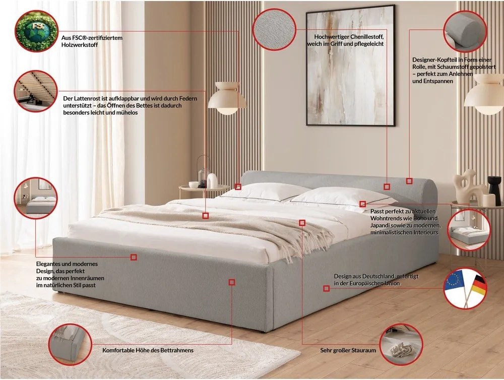 Világosszürke kárpitozott ágyneműtartós franciaágy ágyráccsal 160x200 cm Cille – Ropez