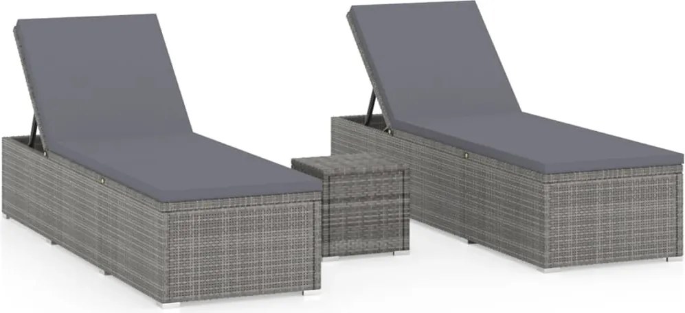 vidaXL 3 részes szürke polyrattan kerti napozóágy szett asztallal