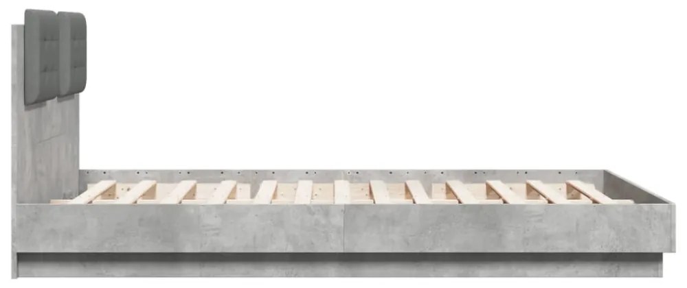 betonszürke ágykeret fejtámlával és LED-világítással 140x200 cm