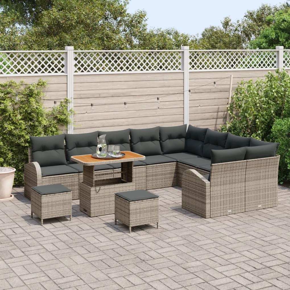 12 Darabos Kerti Kanapé Szett Párnákkal Szürke Poly Rattan Akác, 3 Darabos Kerti Étkező Szett Párnákkal Szürke Poly Rattan Akác, Kétfős Kerti Kanapé Párnákkal Szürke Poly Rattan