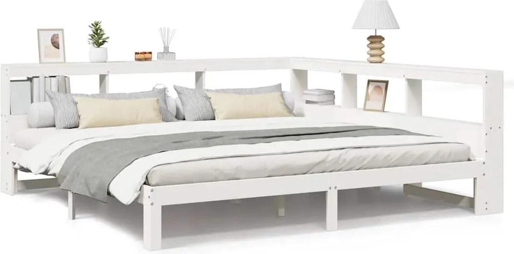 vidaXL fehér tömör fenyőfa könyvespolcos ágy matrac nélkül 180x200 cm