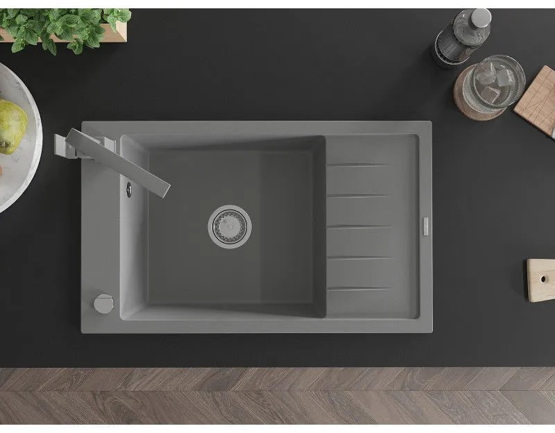 Mexen Elias, gránit mosogató gránit 795x480x200 mm, 1 kamrás, szürke króm szifonnal és szürke Rita mosogató csaptelep, 6511-71-670300-71