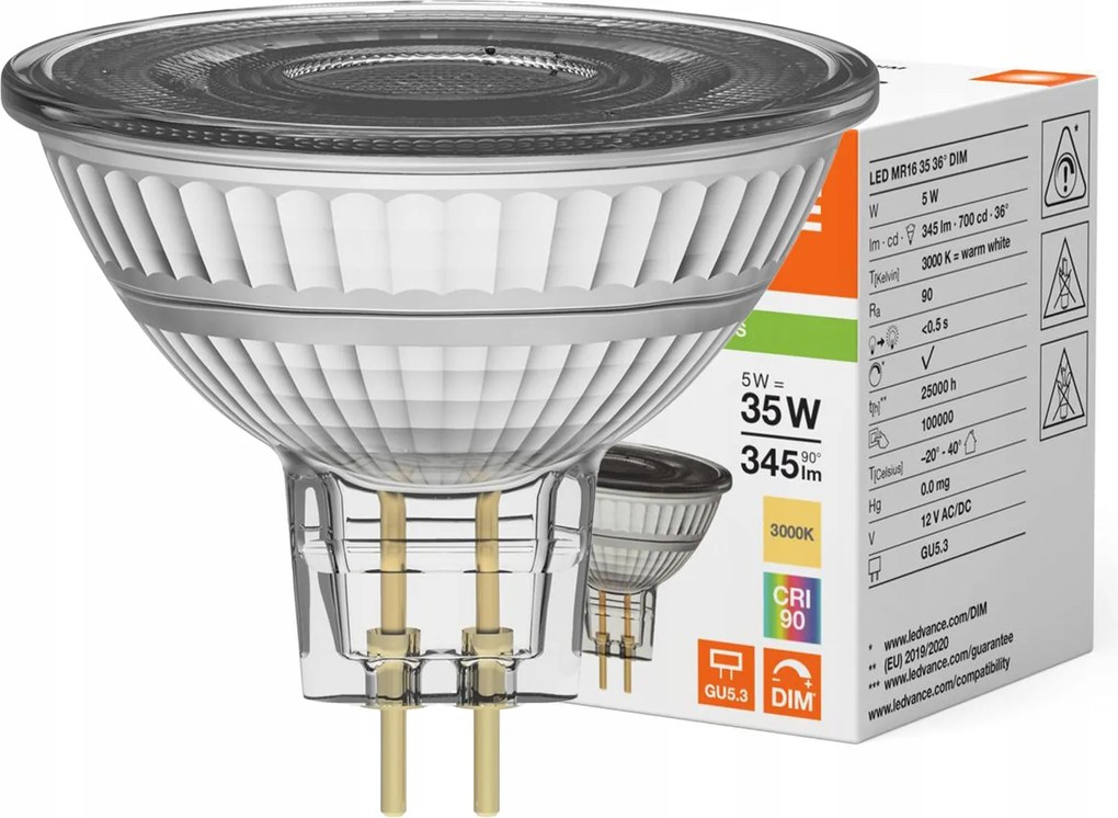 Led izzó MR16 GU5.3 5W 35W 345lm 3000K 12V Fényerőszabályozható Ledvance