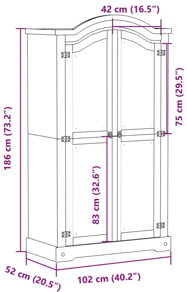 fehér Corona tömör fenyőfa ruhásszekrény 102 x 52 x 186 cm