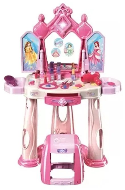 Sminkasztal lányoknak, szék és tükör, különböző kiegészítők, fények, zene, hercegnős matricák, fiók, rózsaszínű