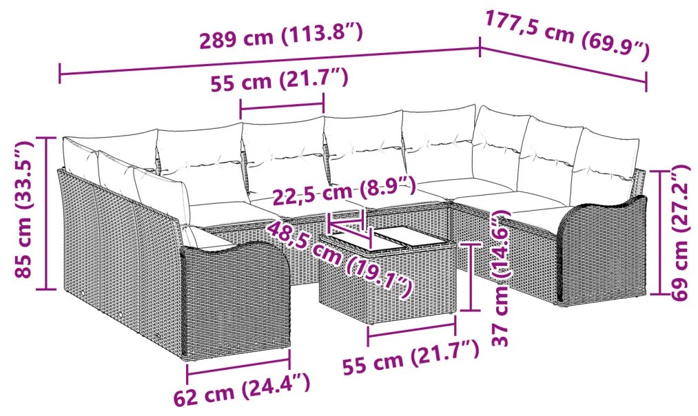 9 Darabos Kerti Kanapé Készlet Párnákkal Barna Poli Rattan, 2-Fős Kerti Kanapé Párnákkal Fekete Poli Rattan