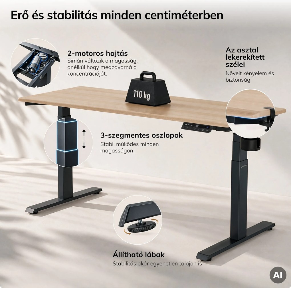 Elektromos íróasztal magasságállítással ergonomikus antracit/sonoma tölgy,1600x800 mm: ARIA