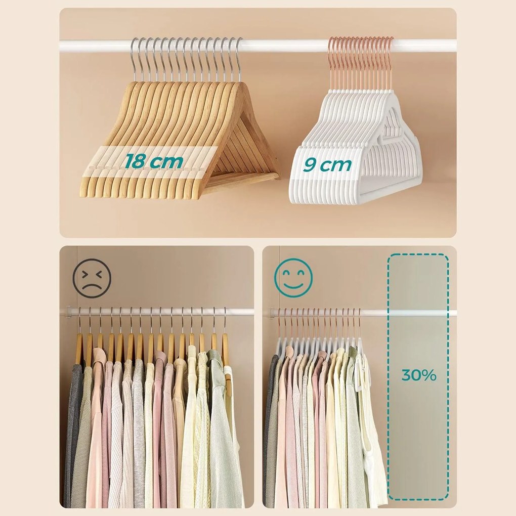 Bársony vállfák, 30 db-os ruhaakasztó készlet, fehér