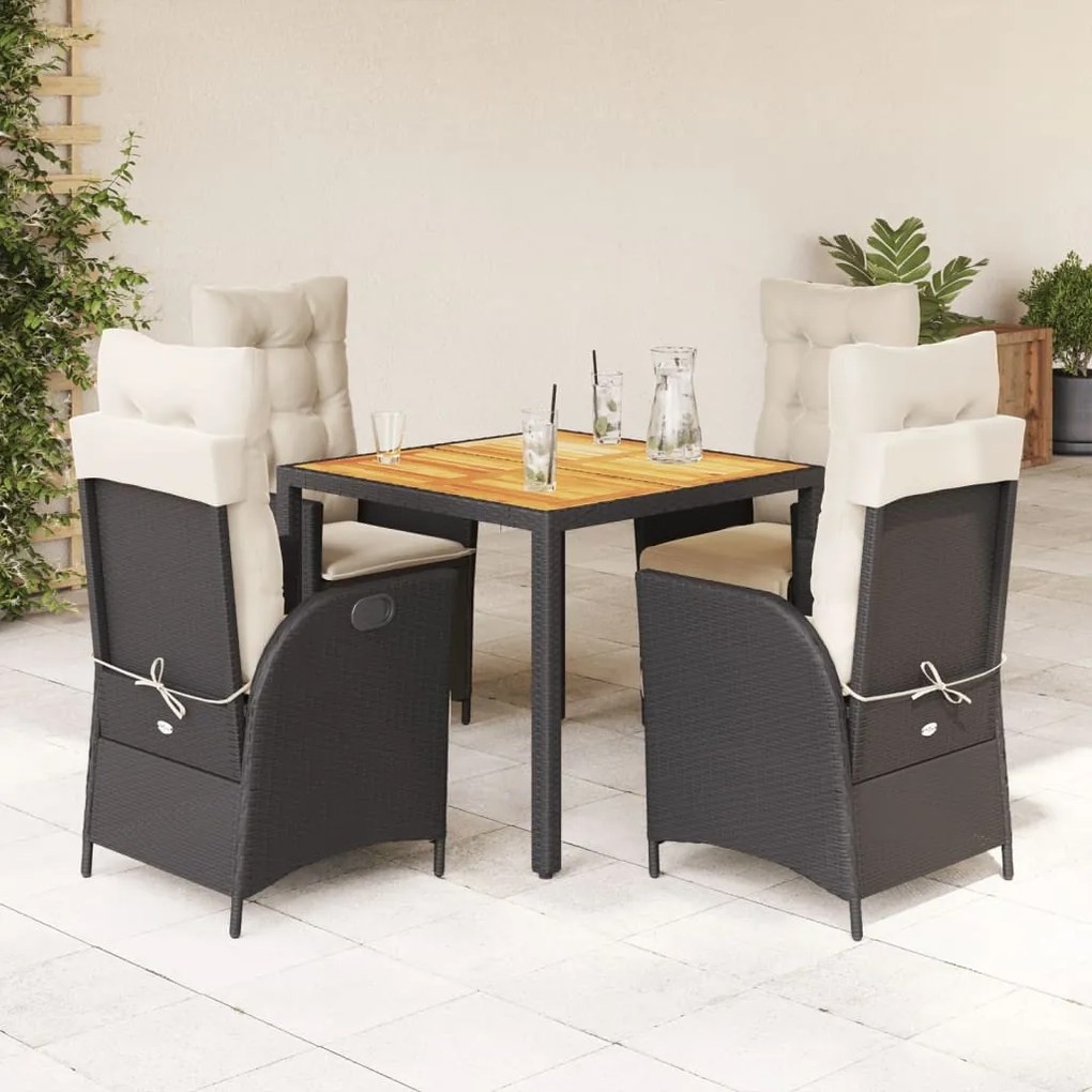 5 részes fekete polyrattan kerti étkezőgarnitúra párnákkal