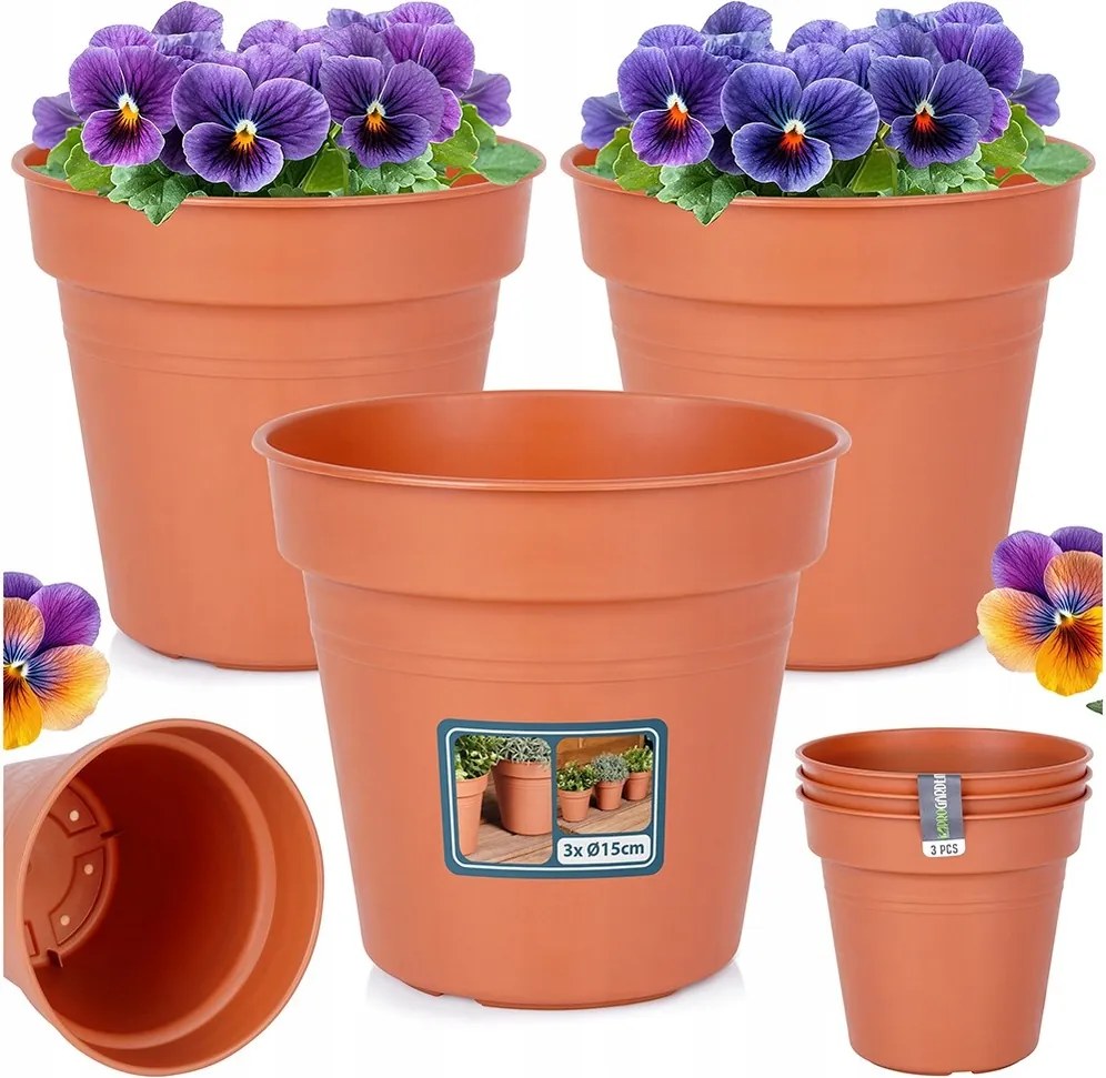 3x Kerti kaspó műanyag barna növény virág gyógynövény 15x14 cm