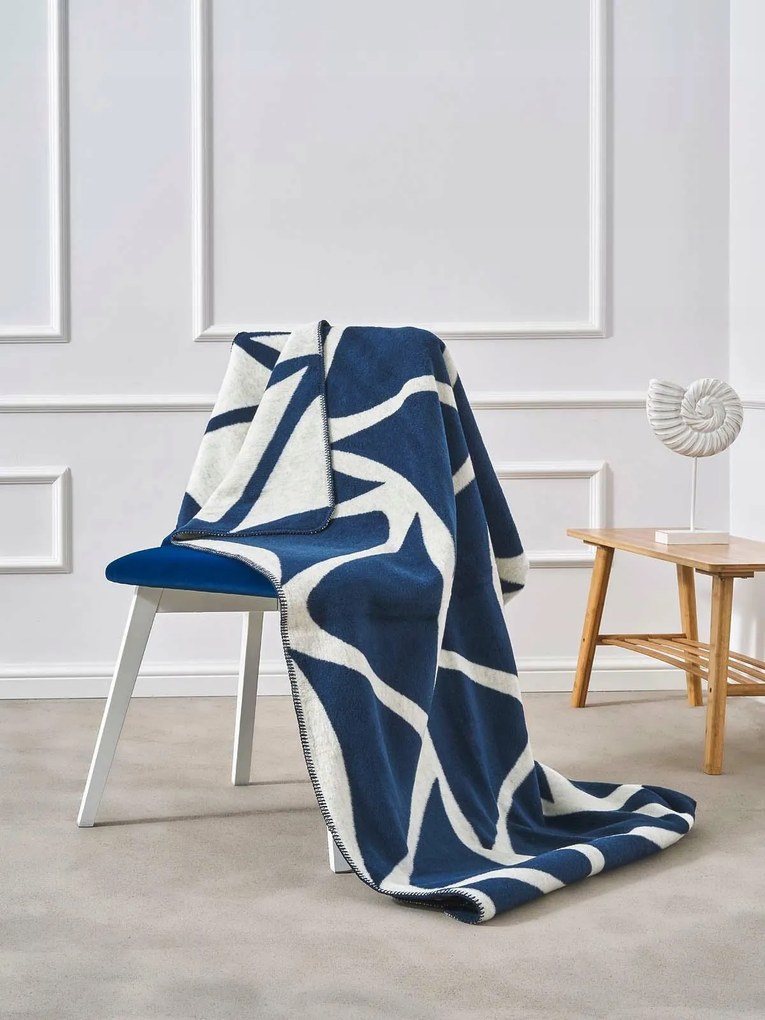Pamut akril takaró 150x200 2136/1 Hullámok sötétkék fehér pléd ágytakaró Sg