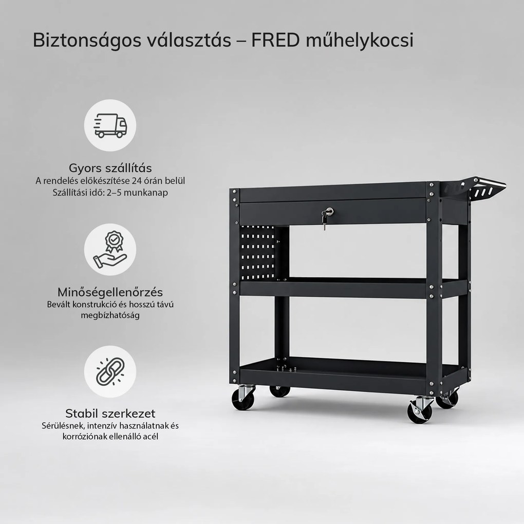 Műhelyi szerszámkocsi fiókkal, görgőkön, antracit, 800x800x380 mm: FRED