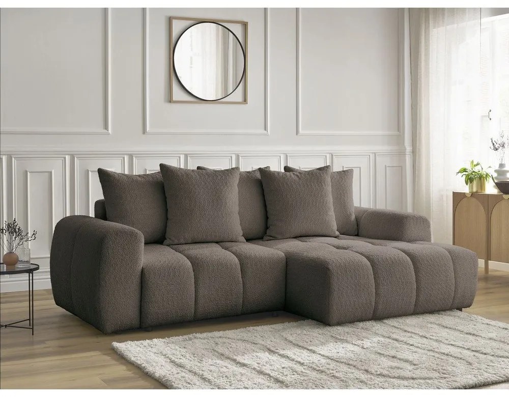 Barna buklé kinyitható-tárolóhelyes sarokkanapé (jobb oldali-heverő résszel) Roxelane – Bobochic Paris