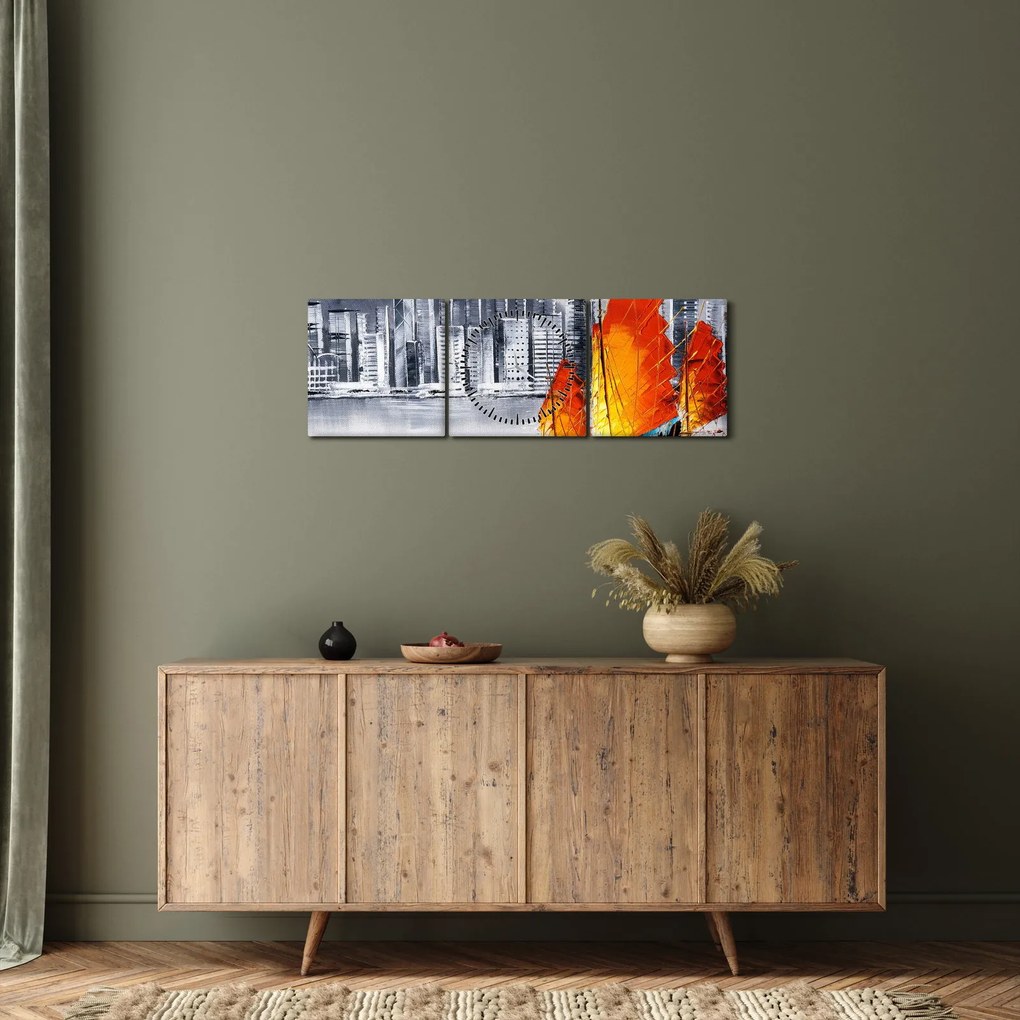 Festmény - Victoria Harbour, Hong Kong, fekete-fehér olajfestmény (órával) (90x30 cm)