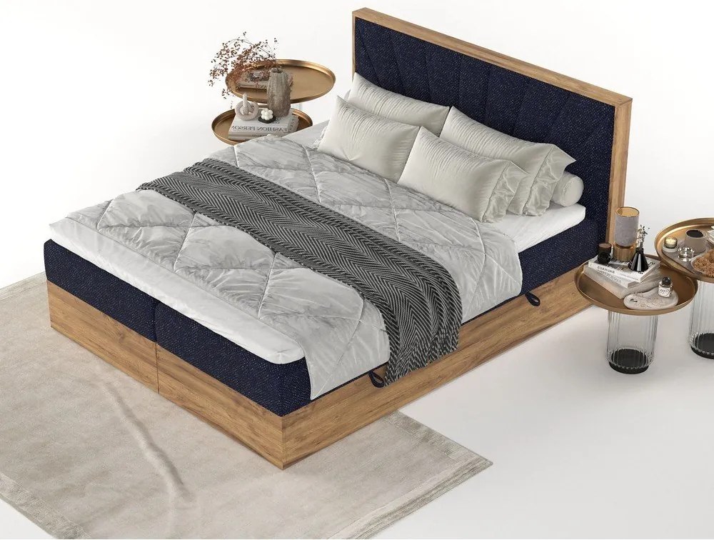 Sötétkék-natúr színű ágyneműtartós boxspring ágy 140x200 cm Asahi – Maison de Rêve