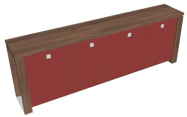 Verno+ S alacsony szekrény 260 x 46 x 90 cm, üvegajtó, dió / piros