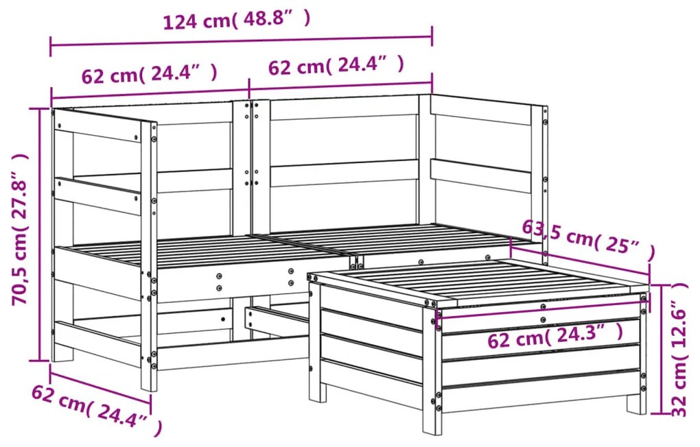3 részes tömör duglászfenyő kerti kanapészett