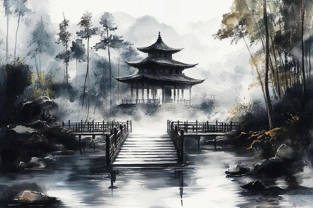 Vászonkép Canvas Japán Ázsia Templom Pagoda Kert Köd 60x40