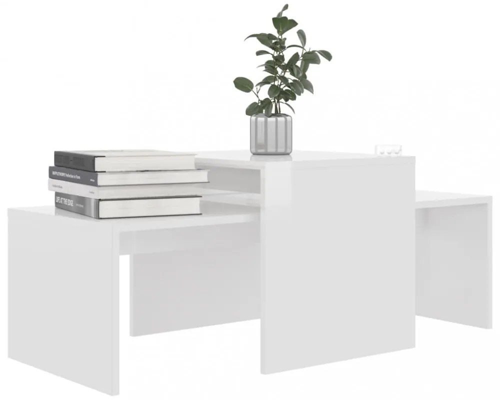 Magasfényű fehér forgácslap dohányzóasztal szett 100x48x40 cm