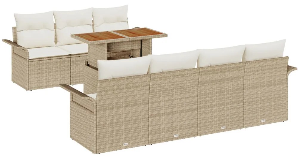 8 Részes Kerti Sofa Szett Párnákkal Bézs Poli Rattan Akáciából