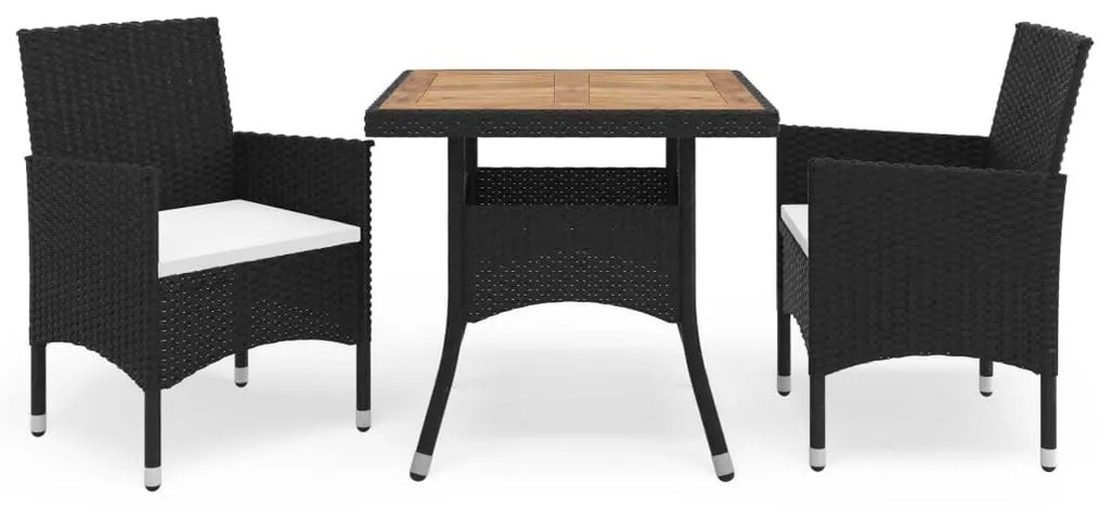 3 részes fekete polyrattan és tömör fa kerti étkezőgarnitúra
