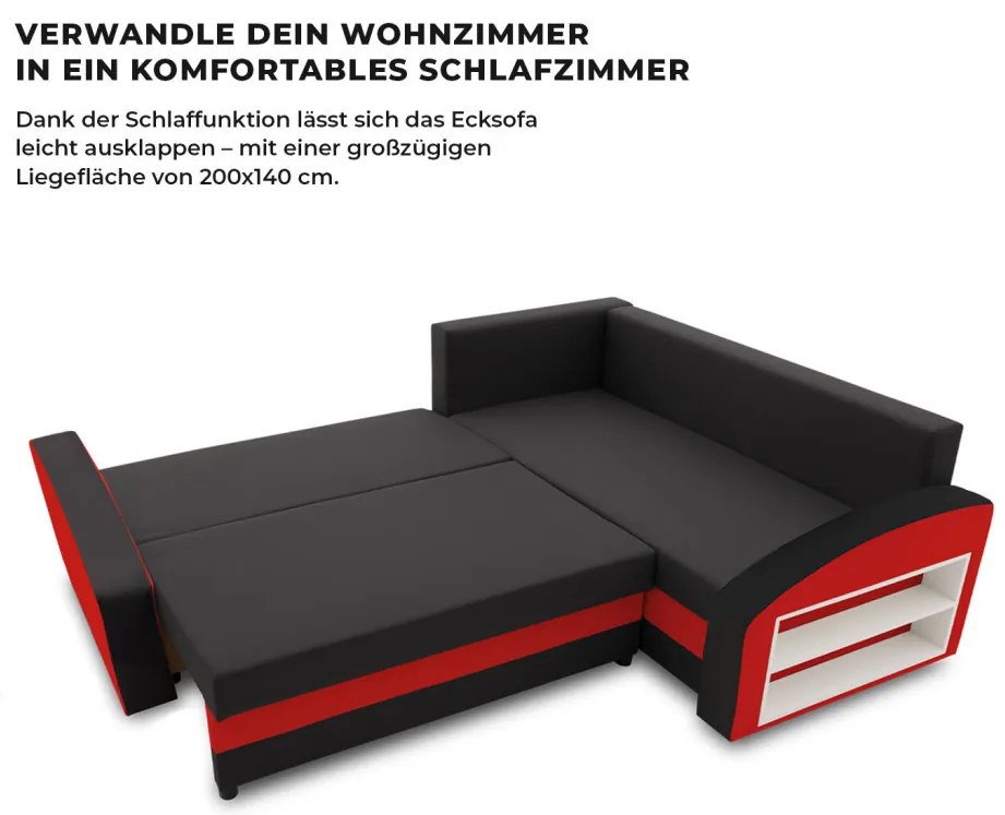 Grande sarokkanapé polcokkal , polc a jobb karfaban, jobboldali, szövet anyag, hab töltet, fekete - piros