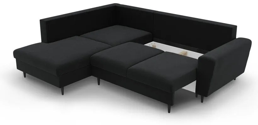 Fekete bársony kinyitható tárolóhelyes sarokkanapé (bal oldali-L alakú) Kyoto – Cosmopolitan Design