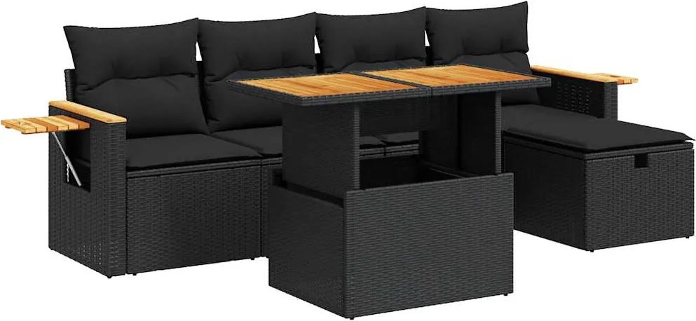 vidaXL 6 részes fekete polyrattan kerti ülőgarnitúra párnákkal