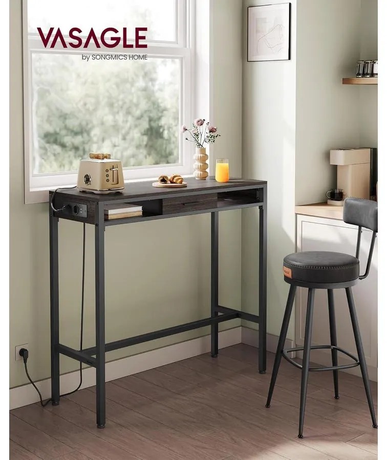 Bárasztal, magas konzolasztal töltőállomással és szövet fiókkal, barna