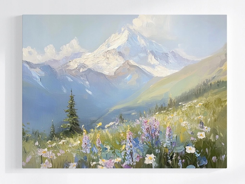 Vászonkép Canvas Tájkép Hegyek Csúcsok Alpok Rét Virágok Tavasz 100x75