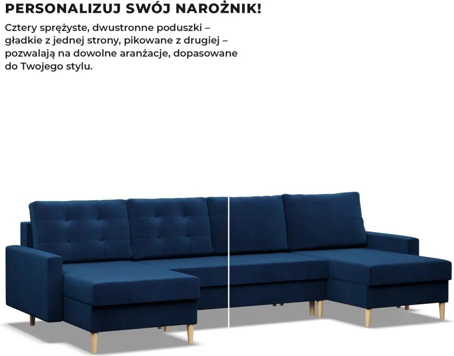 Etna U alakú sarokkanapé, 3 ágyneműtartóval, bársony, univerzális oldal, bonell töltet, kék