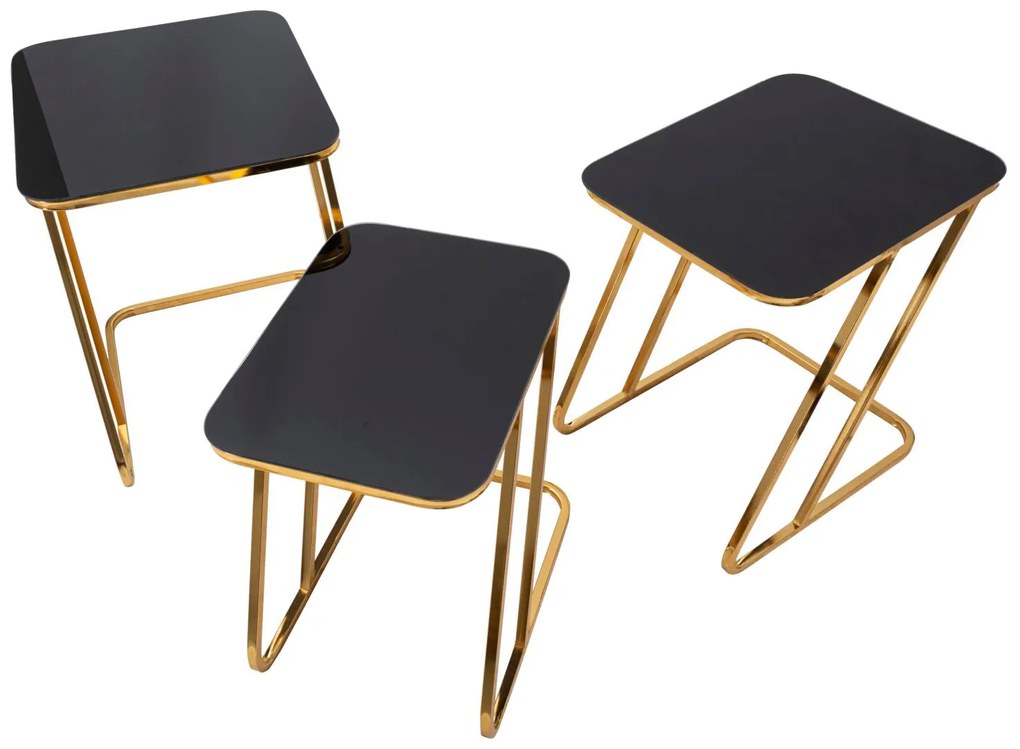 aranyszínű fém kisasztal készlet fekete üveglappal – 3 db – kortárs